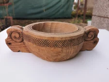 ANTIQUE PRIMITIVE OLD WOODEN CUP BOWL TRENCHER WITH HANDLES RARE