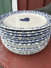 Folk Craft Hearts Dinner Plates Blue Sponge 10 1/4" Tienshan Set of 14