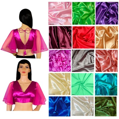 Readymade Satin Saree Blouse Ruffle Sleeve Stitched Choli Ethnic V Neck Crop Top
