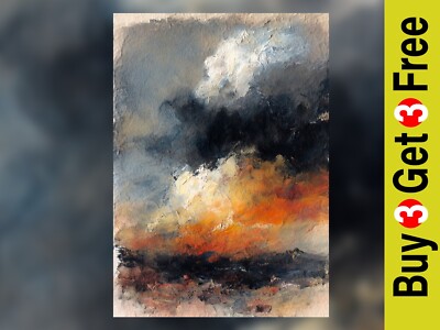 Feuriger Sonnenuntergang Horizont 5''x7 Druck auf mattem Papier | Kühne abstrakte Landschaftskunst