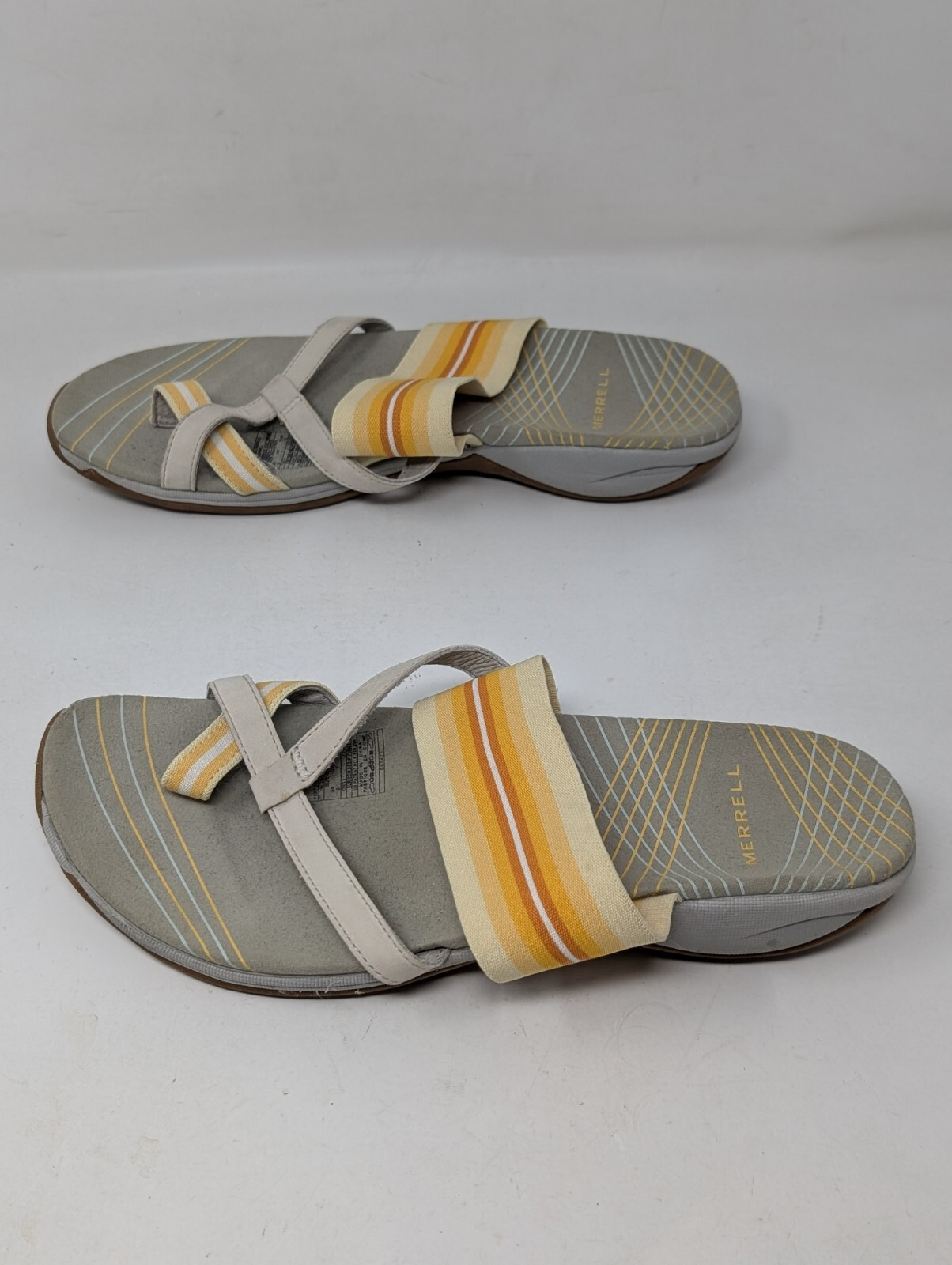 Merrell sandali donna zinnia fodera argento lino giallo grigio cinturino taglia 9 vintage