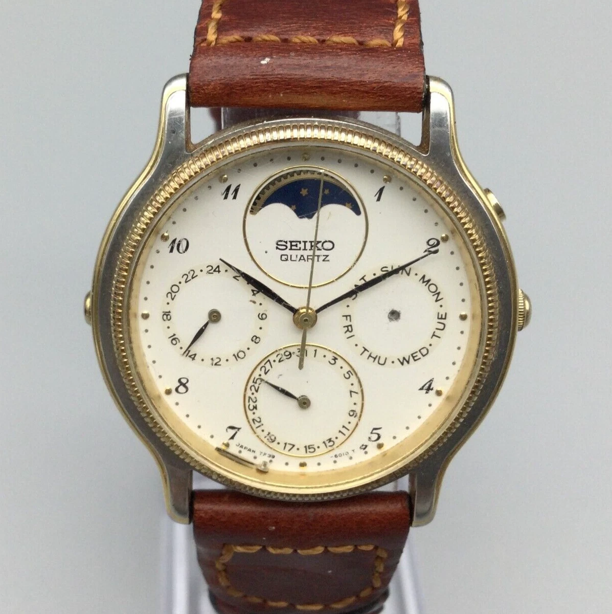 Orologio Vintage Seiko Fasi Lunari Uomo Oro Argento Doppio Tono Quadrante Rotond