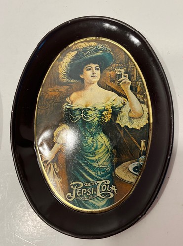 Vtg Pepsi Cola Mini 6" Tin Serving Trays Lot Of 2 Victorian Style Lady W/Glass - Picture 6 of 8