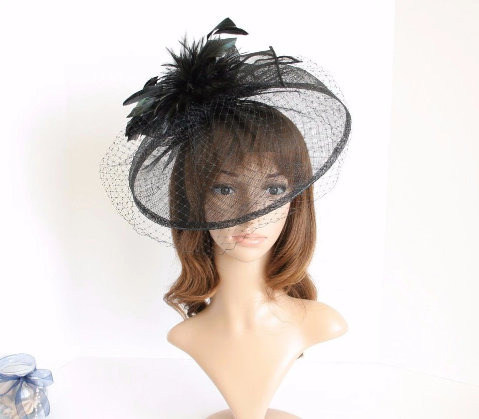 Jumbo NUEVO Iglesia Derby Boda Pluma Floral Sinamay Fascinator Negro 511 Foto 2 de 4
