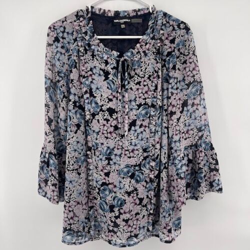 Karl Lagerfeld Floral Blouse Ruffle Neck Tie Bell Sleeve Top XL - Picture 2 of 5