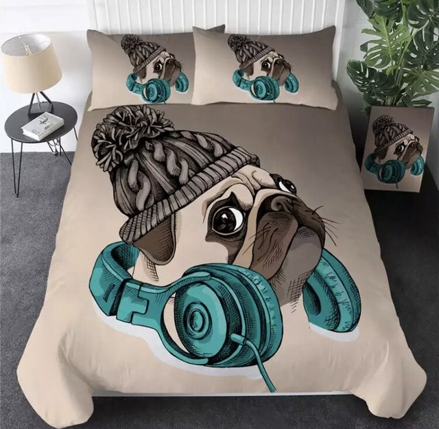 Girls Teens Ladies Music Pug Dog Headphones Single Bed Duvet Cover