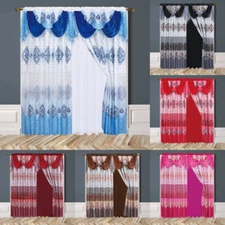 NEW 2-TONE LUXURY LINNEN WINDOW CURTAIN SET ATTACHED VALANCE AND BACK SHEER