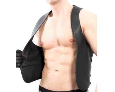 Open Front Internal Pockets Side Laces Up Bar Vest Club Vest Sexy Mens Cowhide