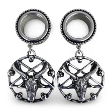 316L Stainless Steel Dangle Plugs with Baphomet Pentagram  (PS-274) gauges plugs