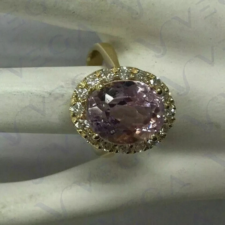 Anel de ouro amarelo 14K real com pedras preciosas naturais de kunzita formato oval 8,69 ct - Imagem 4 de 4