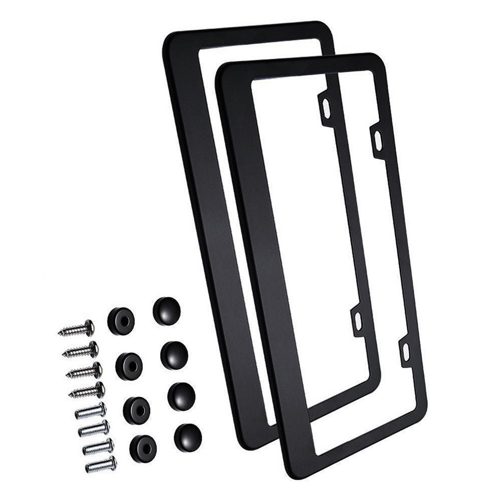 Stainless Steel Black License Plate Frame With Screw Caps - Universal Front/Rear - 2pcs