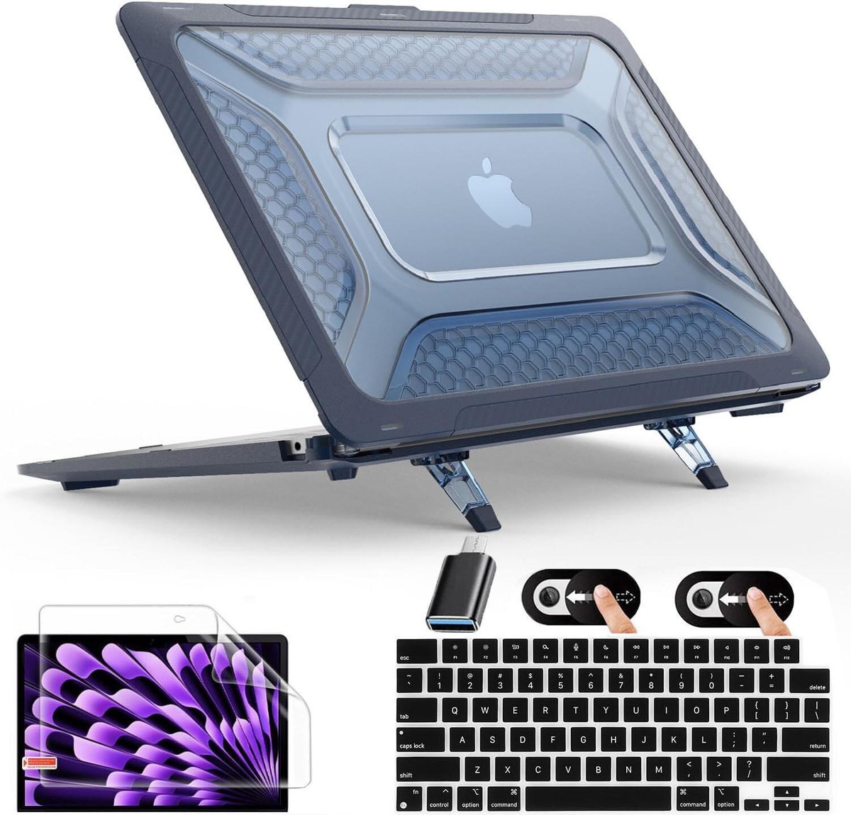 Mektron Stoßfeste Hülle Für MacBook Air 15 Zoll (2023-2025) – Mit Tastatur- & Displayschutz, Klappbarer Ständer, Für A3241/A2941/A3114