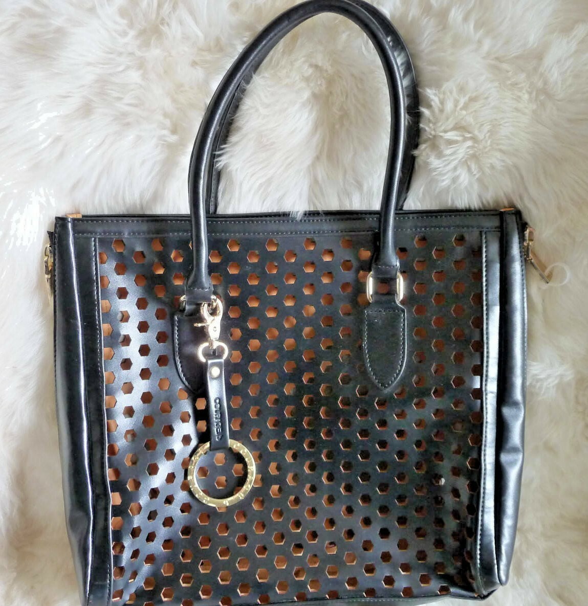Courage b Black and Tan All Leather Mesh Tote Weekender Shoulder