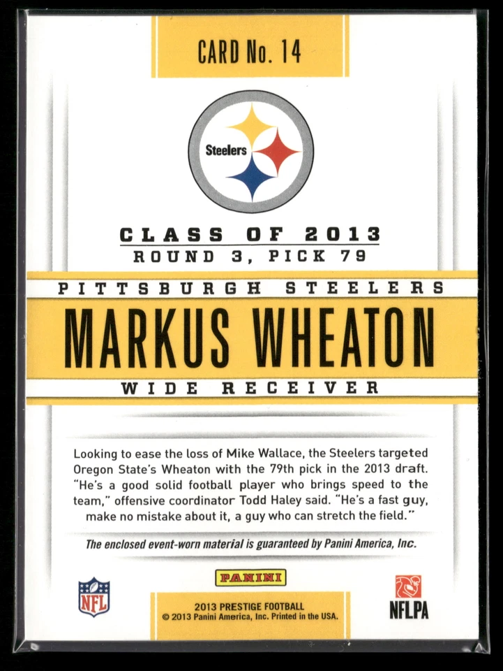 Markus Wheaton 2013 Prestige #14 292/399 Prestigious Picks Materials Gold - Image 2 of 2