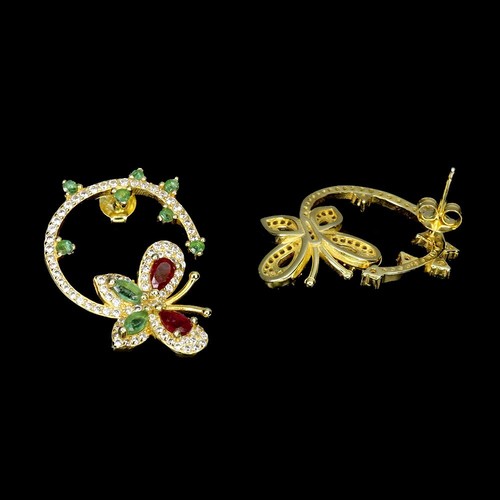 Summer 925 Sterling Silver Earrings Pear Ruby Emerald Natural Gemstone Butterfly - Picture 3 of 13
