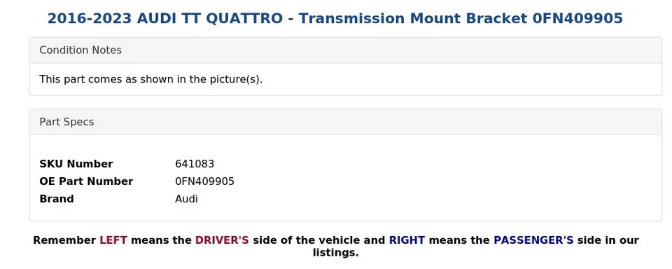 2016-2023 AUDI TT QUATTRO - Transmission Mount Bracket 0FN409905 - Image 3 of 4