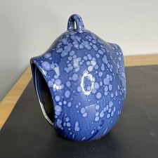 Bird Feeder High Fired Porcelain Blue Easy Refill Egg Fly Through w Drains Read