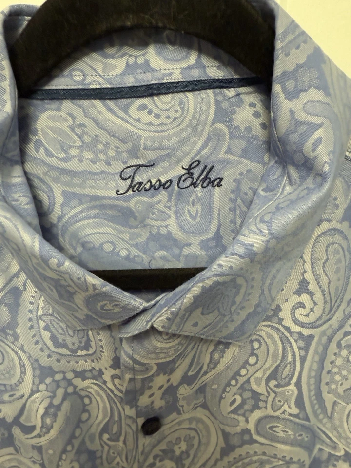 Tasso Elba 男式长袖纽扣蓝色佩斯利正装衬衫,XXL 18-181/2 — 第 3/4 张图片