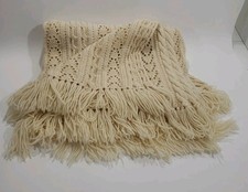 Ivory Cream Handmade Afghan with Fringe Tasse...
