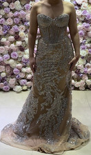 Beige and Silver Strapless Embellished Formal Gown
