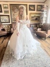 Vtg 90s MORI LEE Detachable Sleeves Ivory Silk Wedding Gown Beaded Romantic