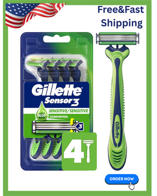 Gillette Sensor3 Sensitive Men's Disposable Razor, 4 Razors