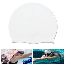 Men Women Silicone Swimming Cap Solid Color Long Hair Swim Pool for Adult-WHITE