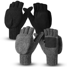 2 Pairs Winter Wool Mitten Gloves for Men Flip Fingerless Thermal Convertible...