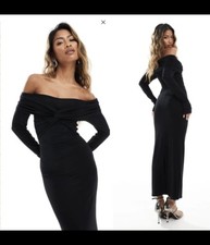 ASOS DESIGN OFF SHOULDER TWIST MIDI DRESS WITH LONG SLEEVES IN BLACK