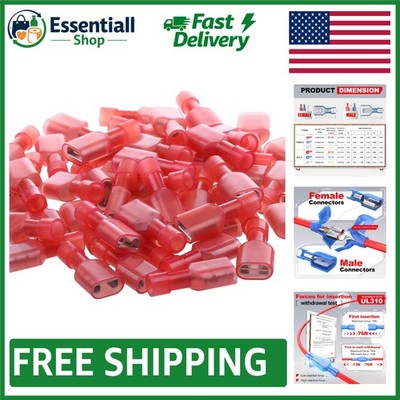 Durable Red Female Spade Terminals - 100 Pack,  Listed 22-16 AWG Connectors
