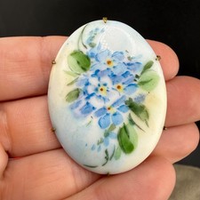 Vintage Hand Painted Porcelain Brooch Gold Tone Blue Flowers
