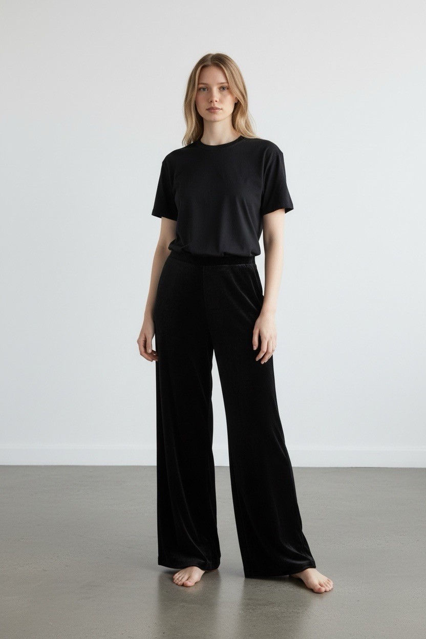Vintage Y2K Ann Taylor Women's Black 4P Crushed Velvet Wide Leg Pants Casual