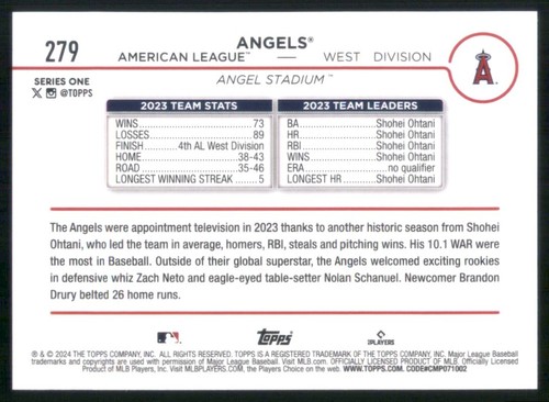 Carta Baseball 2024 Topps #279 Los Angeles Angels TC Los Angeles Angels 188009 - Foto 2 di 2