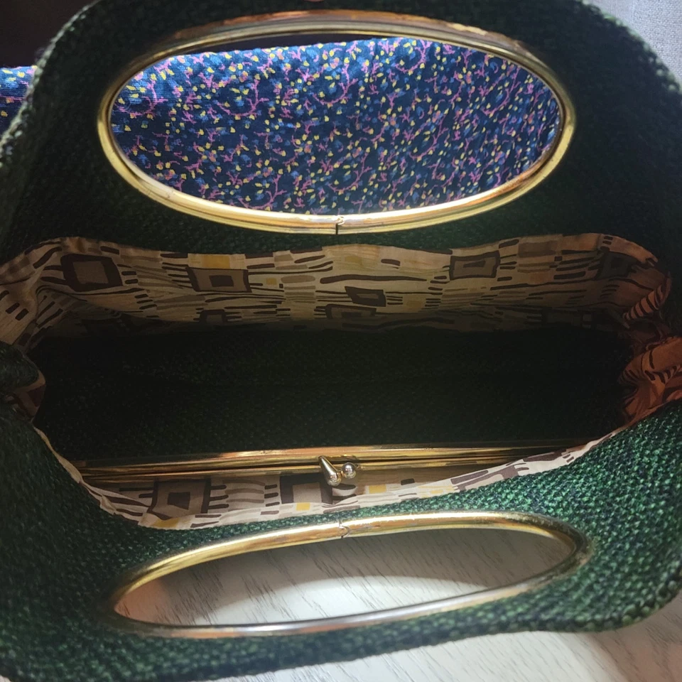 1960s Mod Clutch Purse Dark Green Tweed Vintage Architectural Style - Image 3 of 4