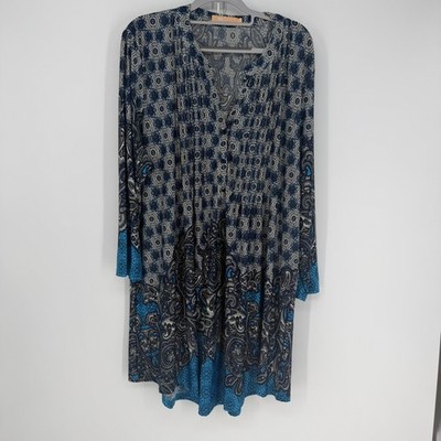 La Cera Tunic Dress Womens 2X Blue Paisley Pintuck Boho Coastal Peasant Stretch