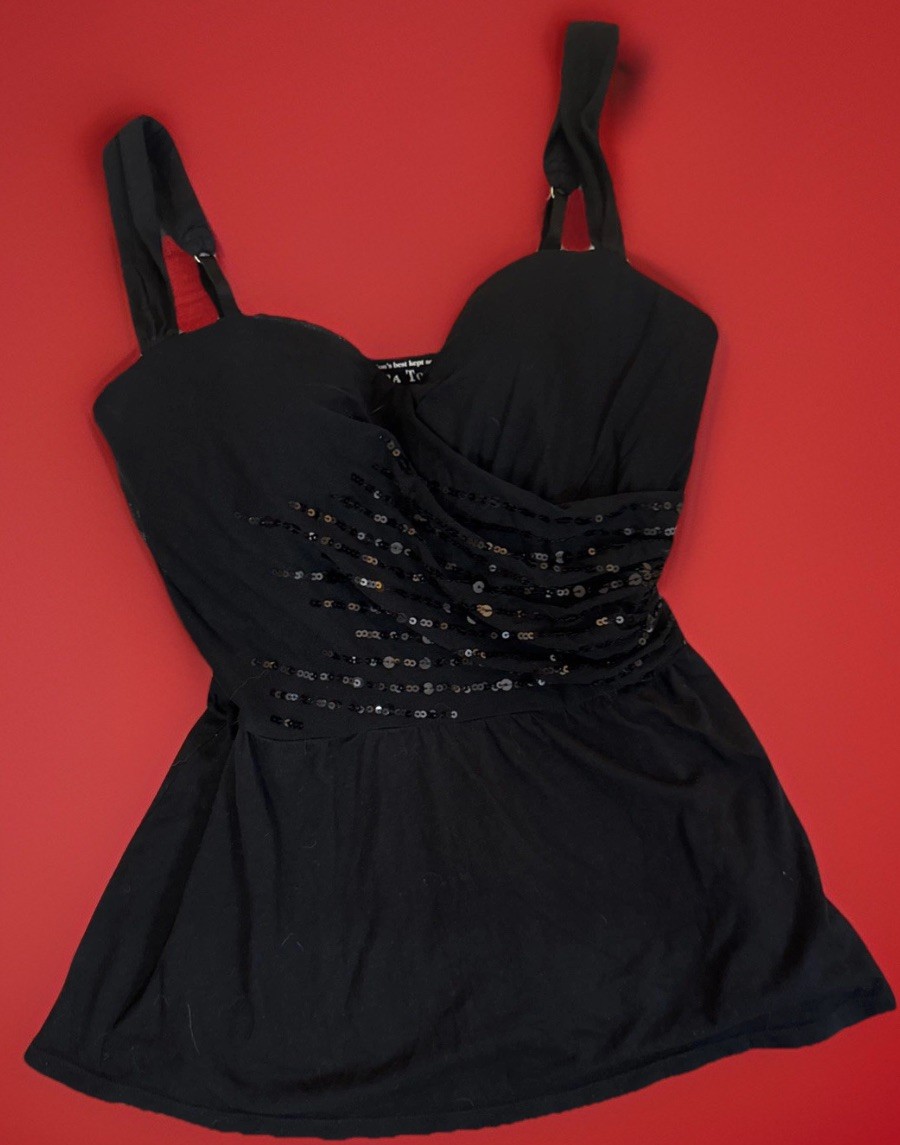 Y2K Babydoll Going Out Tank Top Glitter Black Glam Built In Bra Medium