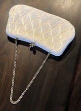 Vintage Ivory Cream Deco Design Seed Bead Evening Clutch Butterfly Purse w Chain