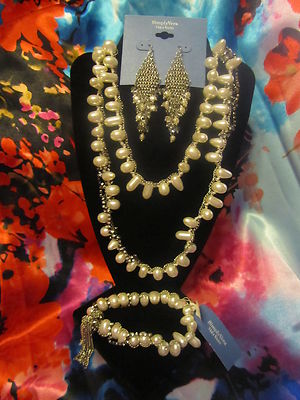 SIMPLY VERA WANG NWT $96 pearl pewter women's necklace earrings bracelet  set