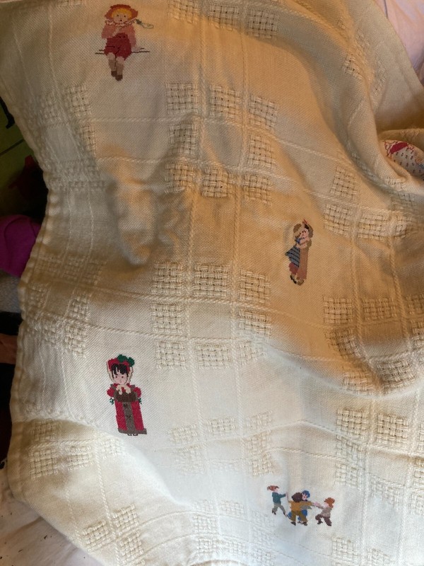 Signed Vintage Baby Blanket 1 Side Hand Quilted, 1 Side Total Cross-Stitch ABTUC
