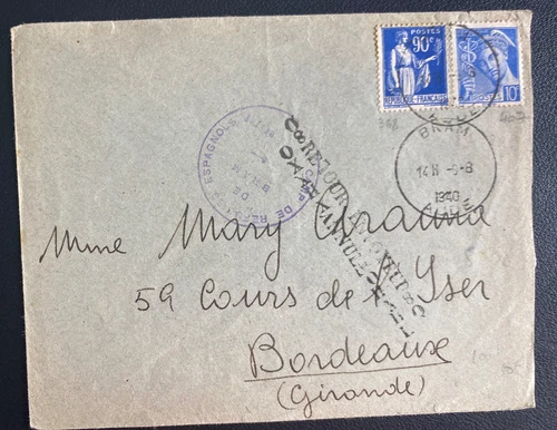 1940 France Concentration Camp Bram Spanish prisoner Cover To Bordeaux