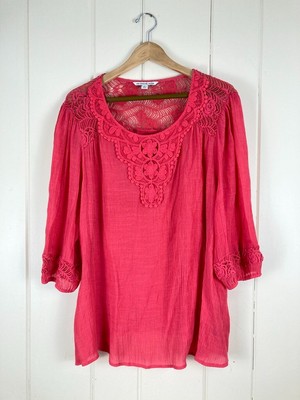 ZAC & RACHEL WOMAN BLOUSE PLUS 3X PINK LACE TRIM SCOOP NECK TUNIC TOP 3/4 SLEEVE