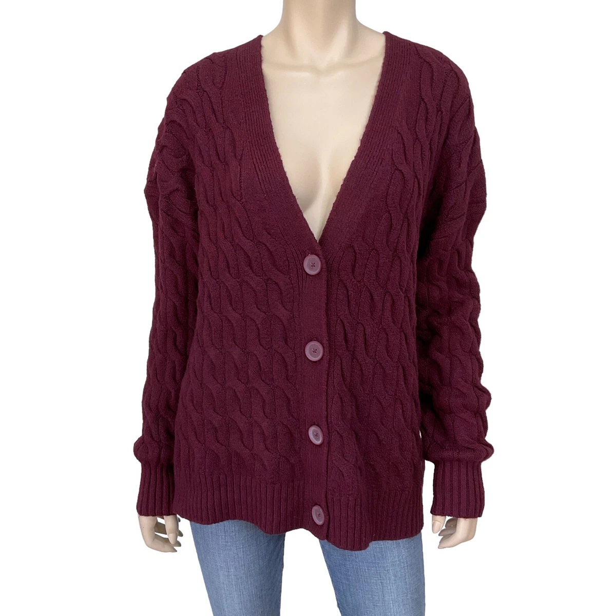 Burgundy cable knit cardigan clearance