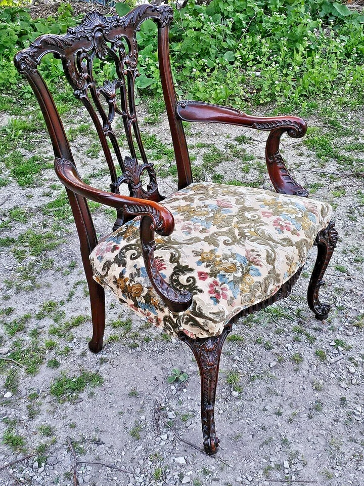 Poltrona brocada antiga rara George II mogno ornamentada sotaque - Imagem 4 de 4