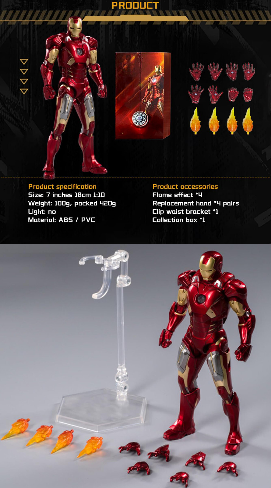 Marvel Avengers Iron Man Mark 7 MK7 Ironman Toy LED Light Action Figure Model