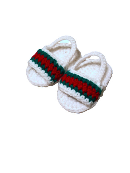 White Baby Sandals Headband Slides Crochet Handmade Boy Girl Red Green Strip