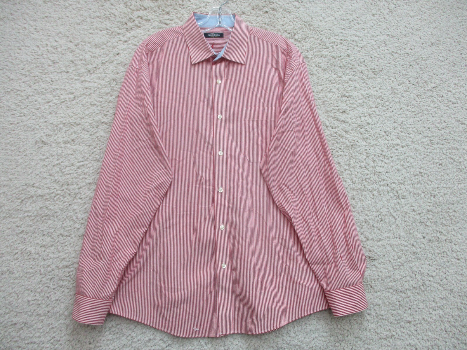 Nautica Button Up Shirt 16.5 Mens Red Striped Long Sleeve Pocket Casual Modern