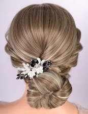 Dainty Flower Bridal Hair Comb Black Rhinestone Pearl Hair Side Comb Wedding ...