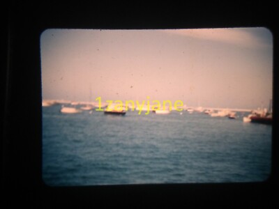 3O19 VINTAGE Photo 35mm Slide VINTAGE BOATS ANCHORED IN BAY BLUE SKY CALM WATERS
