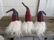 Set 3  GNOMES ORNAMENTS w/ Plaid Hats Plush Christmas Tree Red Gray
