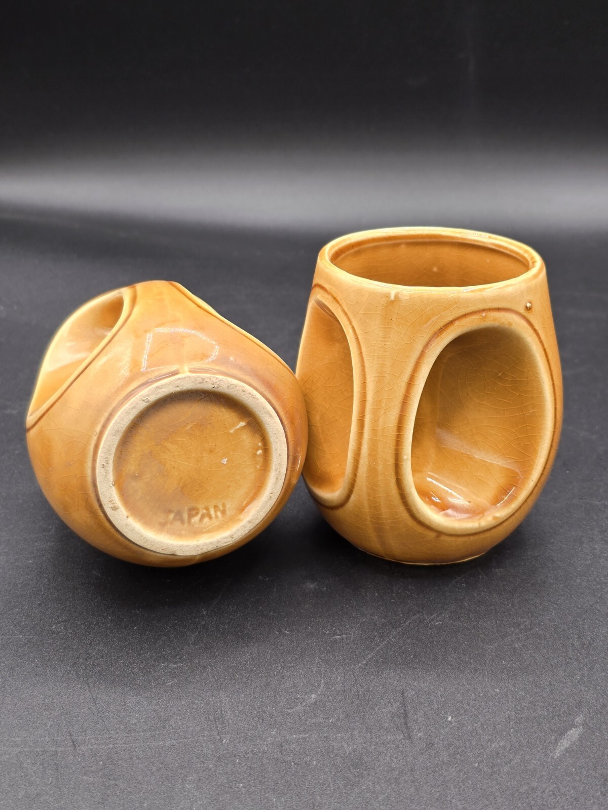 2 Holkham Pottery Owl Eye Handle Mug Brown Glazed Retro Vintage Cup